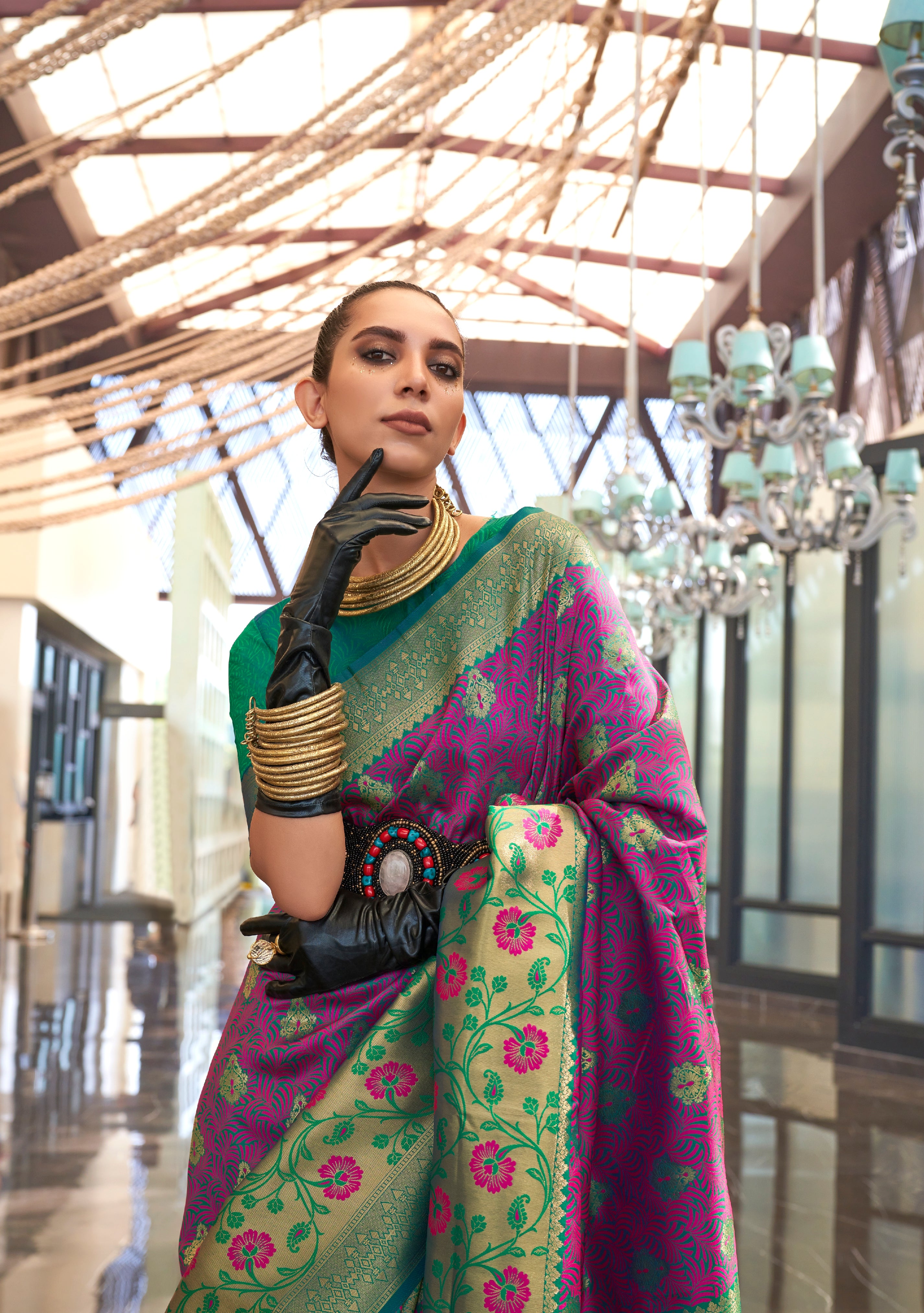 Purple Green Self Contrast Chaap Handloom Weaving Saree