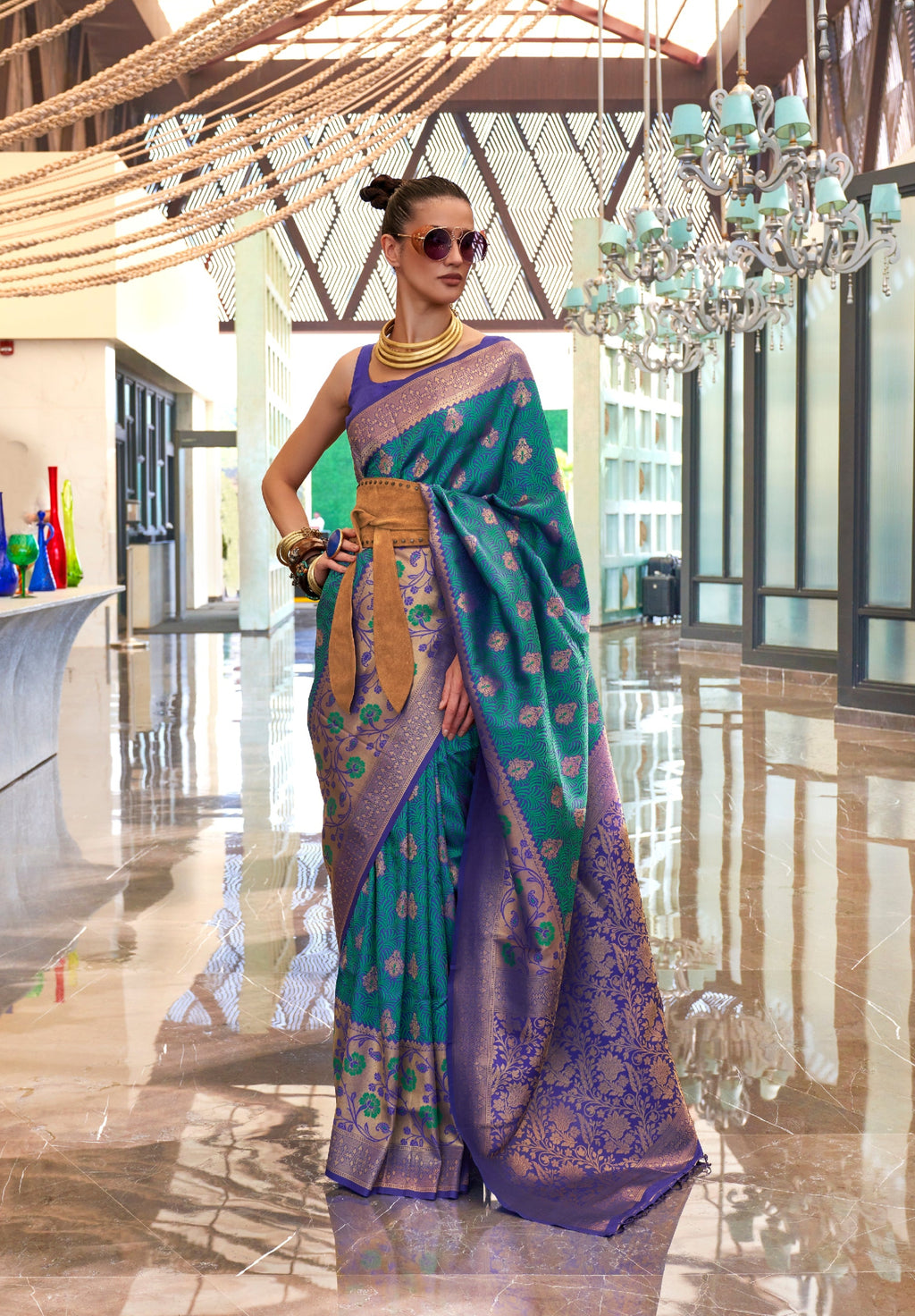 Blue Self Contrast Chaap Handloom Weaving Saree