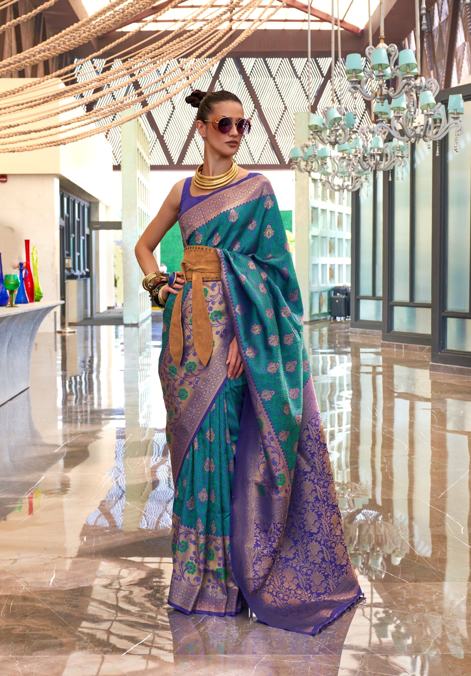 Blue Self Contrast Chaap Handloom Weaving Saree