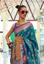 Blue Self Contrast Chaap Handloom Weaving Saree