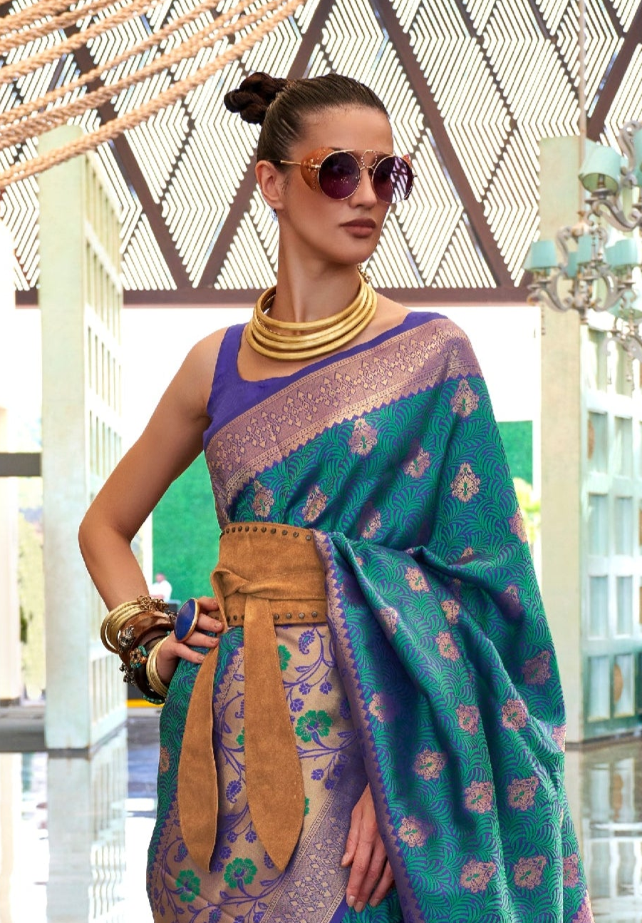 Blue Self Contrast Chaap Handloom Weaving Saree