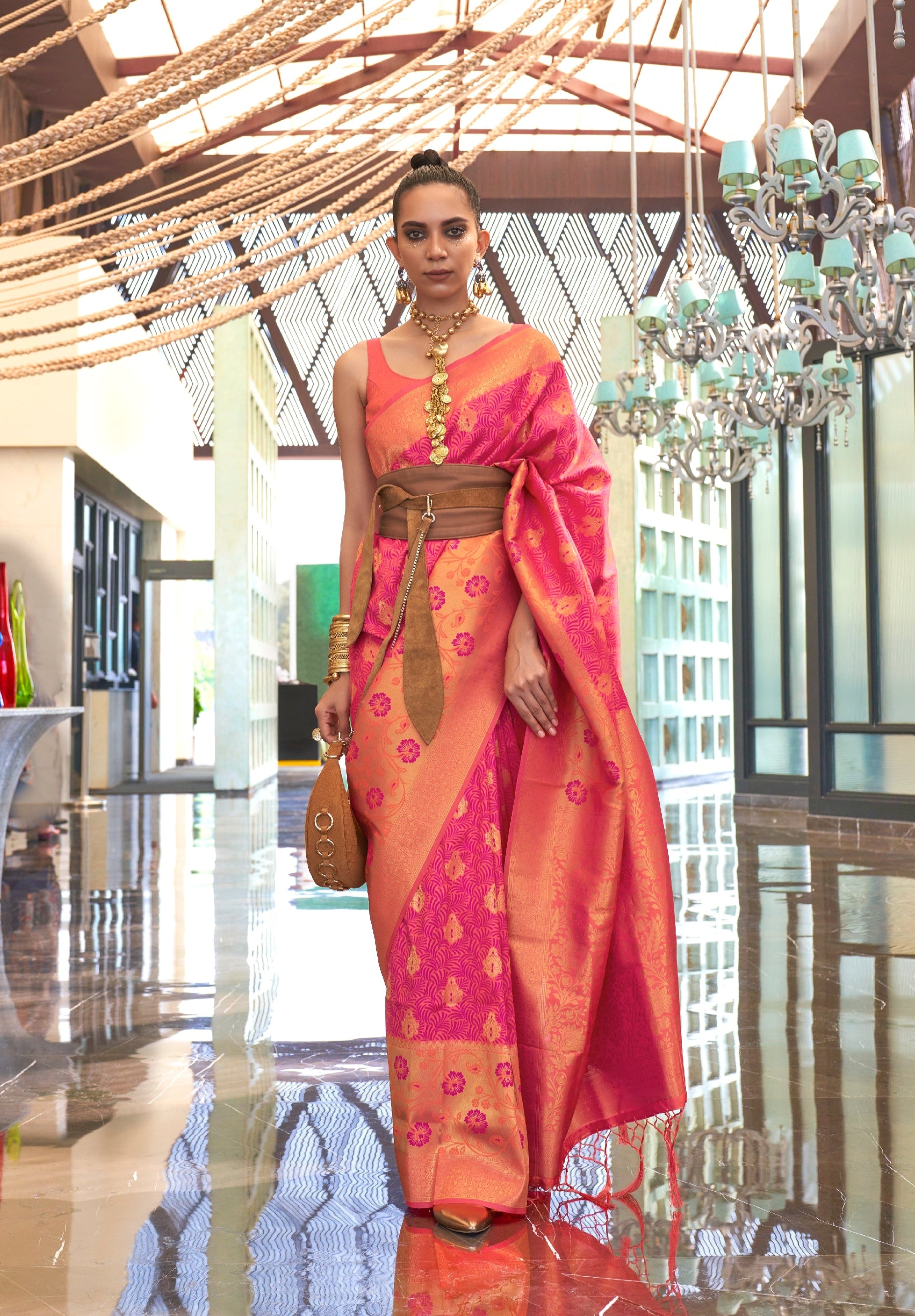 Pink Orange Self Contrast Chaap Handloom Weaving Saree