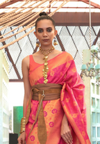 Pink Orange Self Contrast Chaap Handloom Weaving Saree