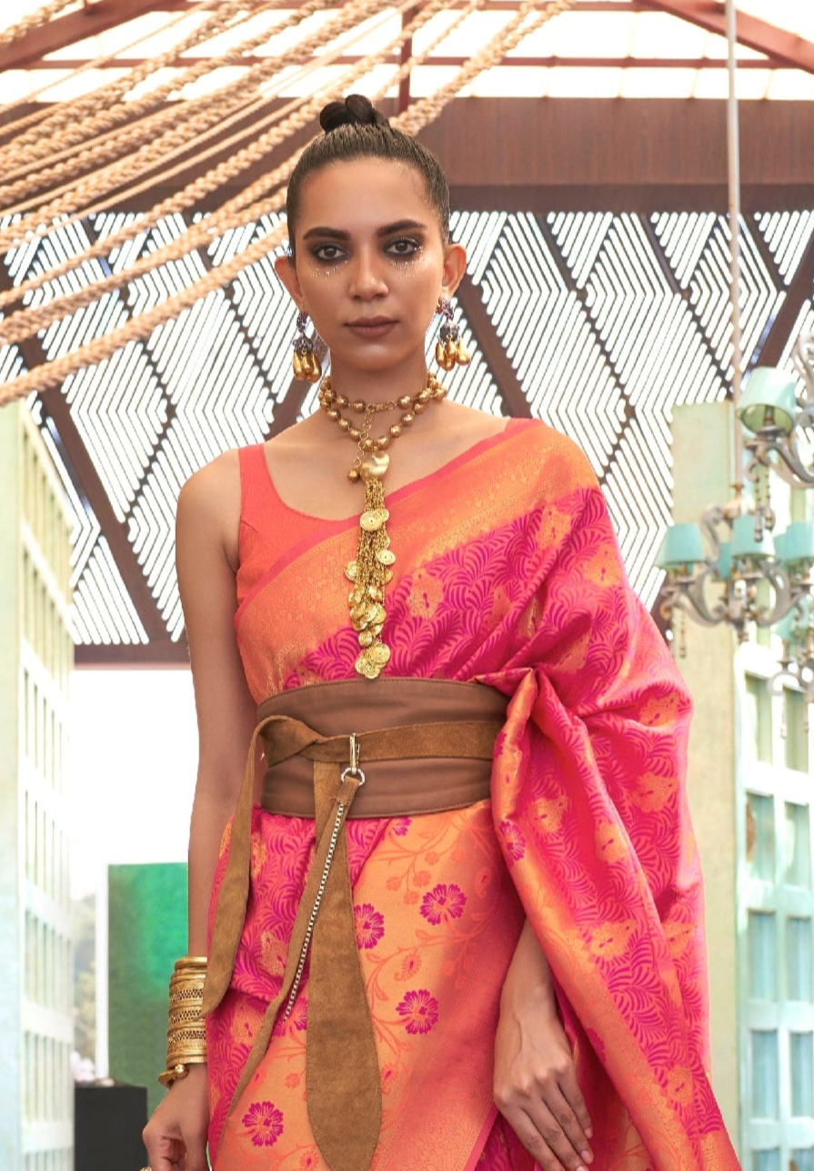 Pink Orange Self Contrast Chaap Handloom Weaving Saree