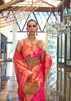 Pink Orange Self Contrast Chaap Handloom Weaving Saree
