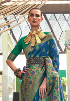 Green Blue Self Contrast Chaap Handloom Weaving Saree
