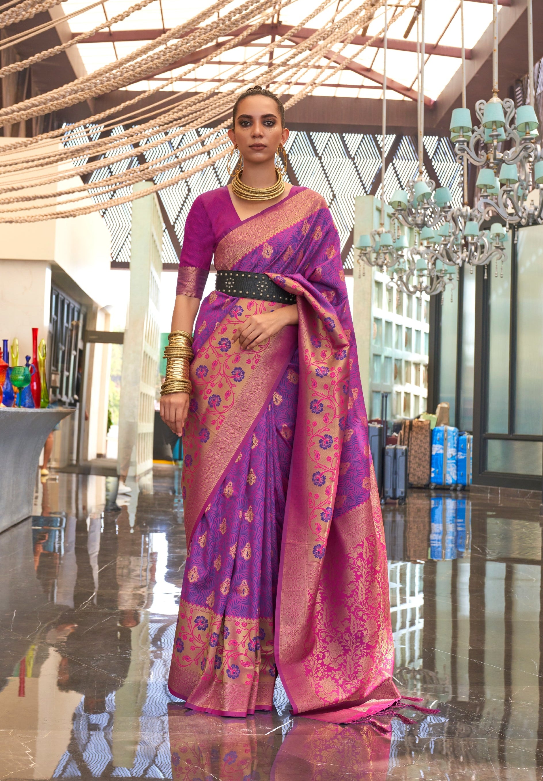 Purple Pink Self Contrast Chaap Handloom Weaving Saree