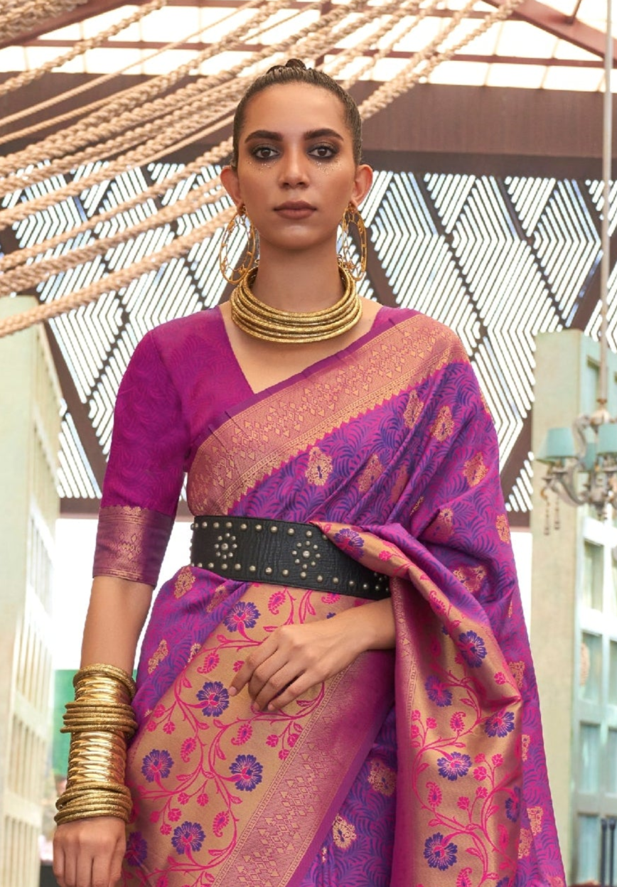 Purple Pink Self Contrast Chaap Handloom Weaving Saree