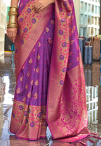 Purple Pink Self Contrast Chaap Handloom Weaving Saree