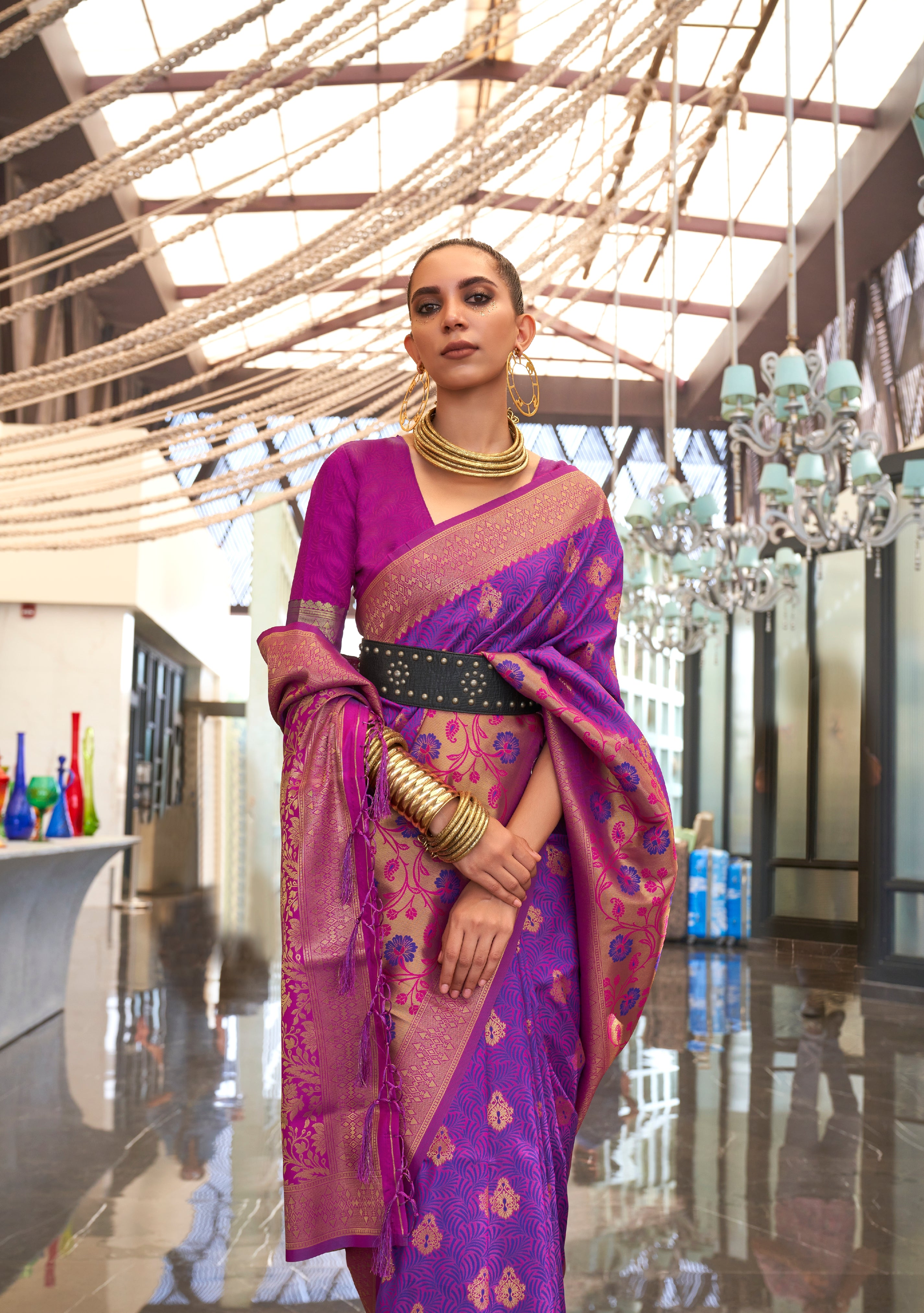 Purple Pink Self Contrast Chaap Handloom Weaving Saree