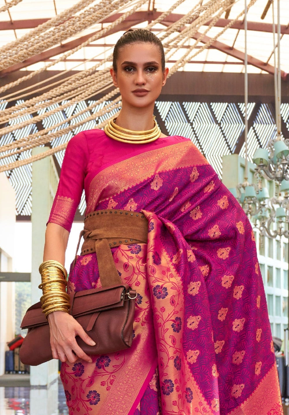 Purple Pink Self Contrast Chaap Handloom Weaving Saree