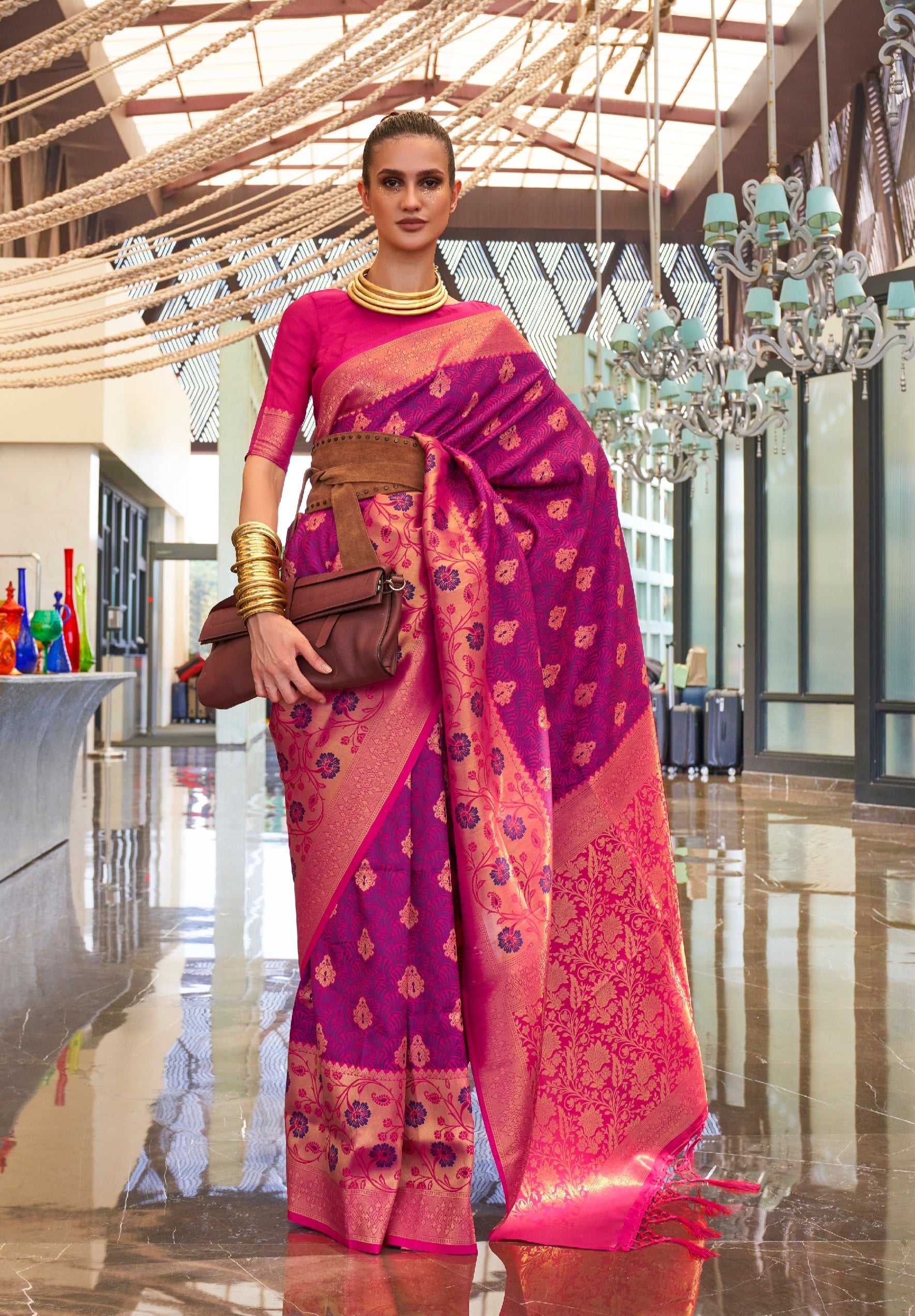 Purple Pink Self Contrast Chaap Handloom Weaving Saree