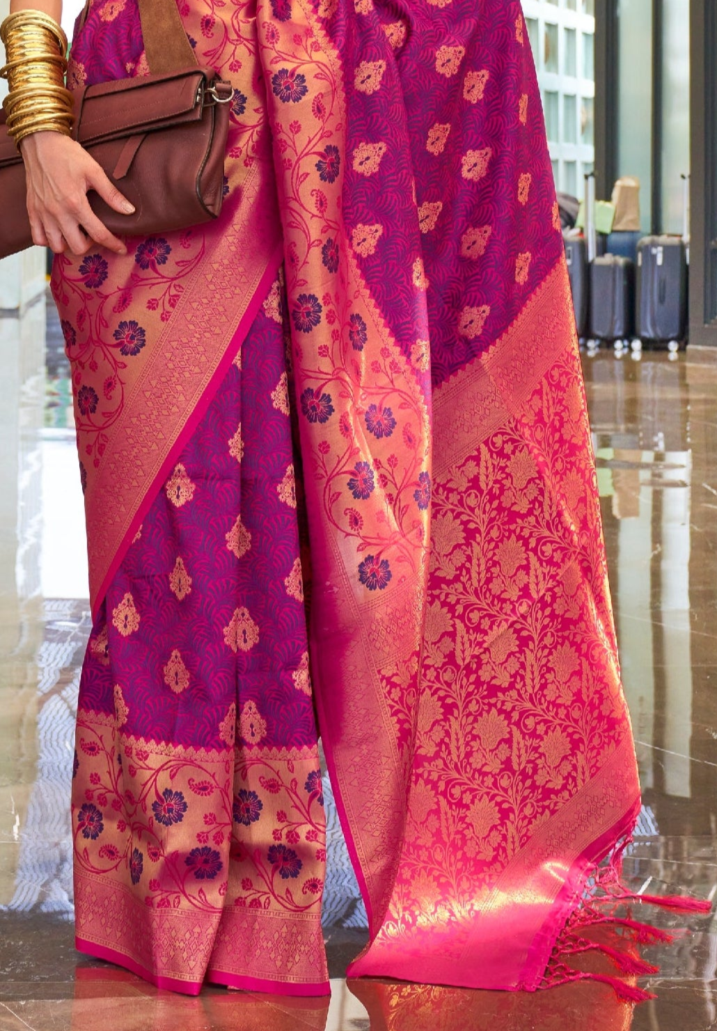 Purple Pink Self Contrast Chaap Handloom Weaving Saree