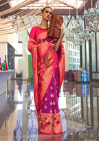 Purple Pink Self Contrast Chaap Handloom Weaving Saree