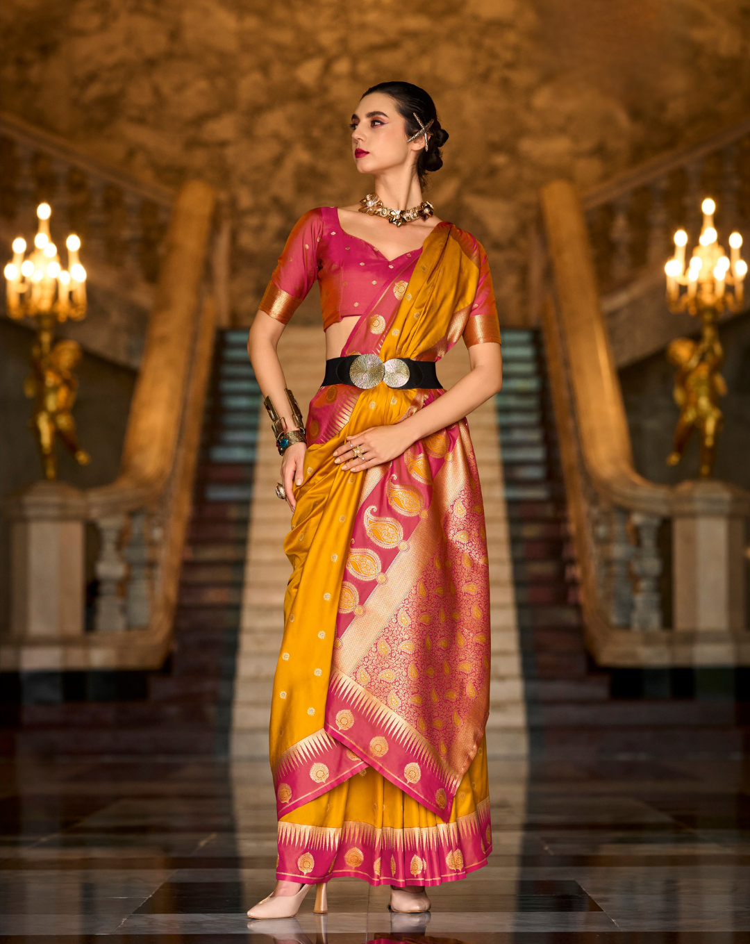 Orange  Banarasi soft Silk saree