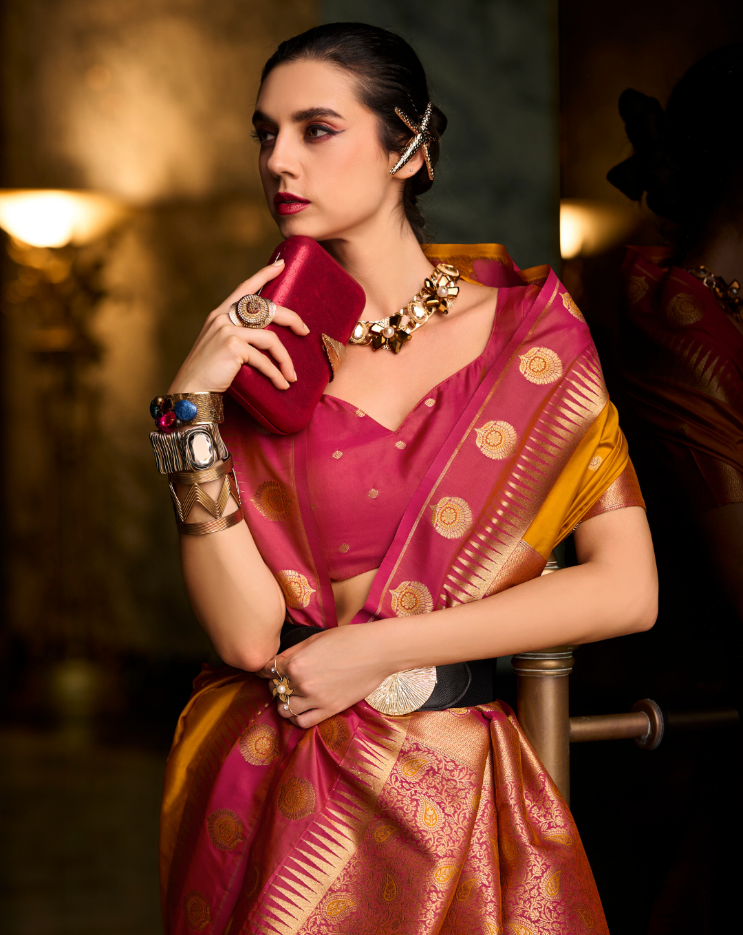 Orange  Banarasi soft Silk saree