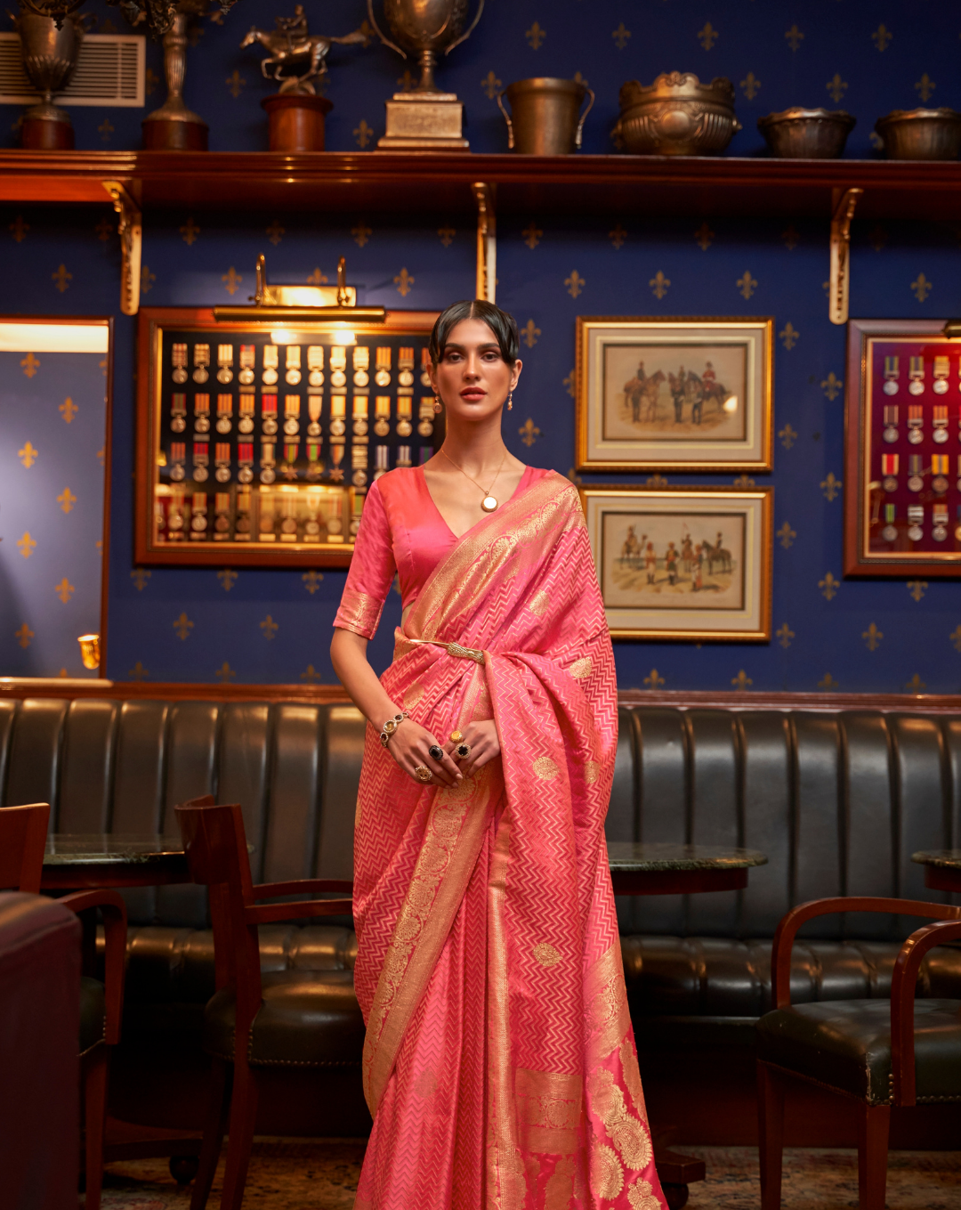 Peach Satin Silk zari weaved saree