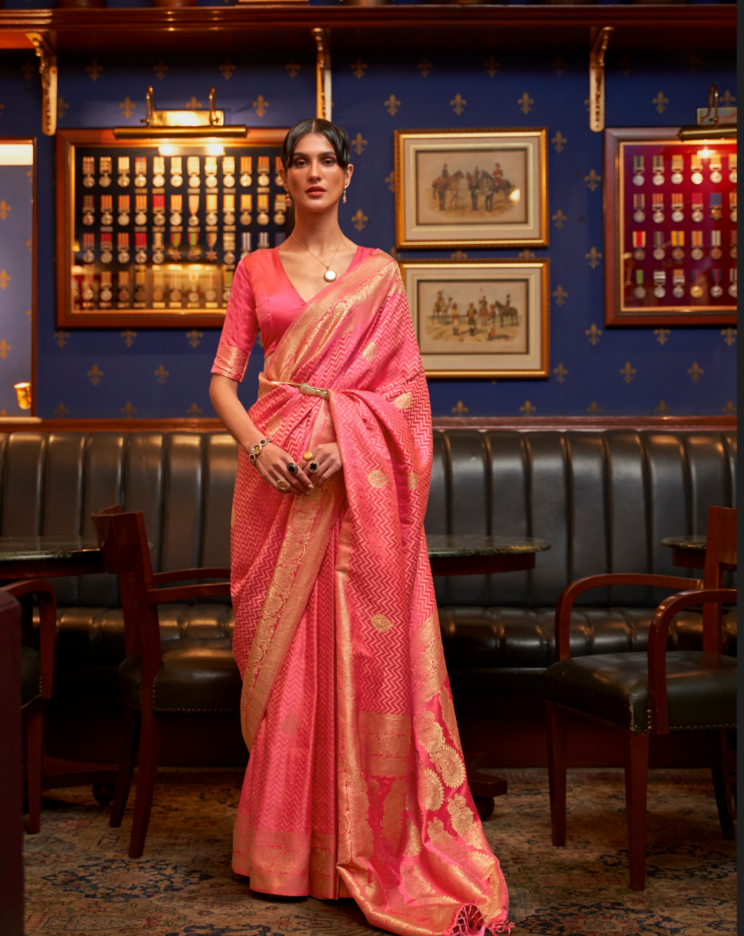 Peach Satin Silk zari weaved saree