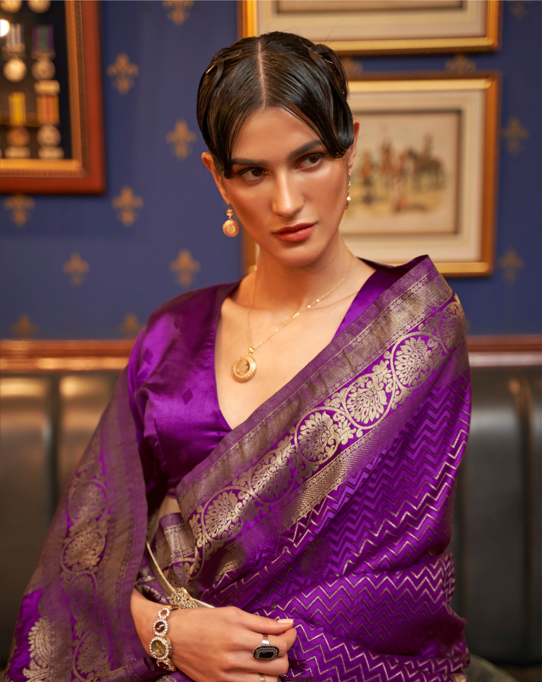 Purple  Satin Silk zari weaved saree