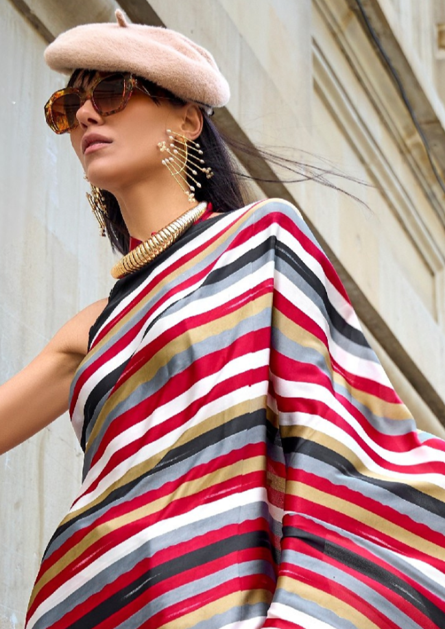 Red Print Satin Crepe Sarees