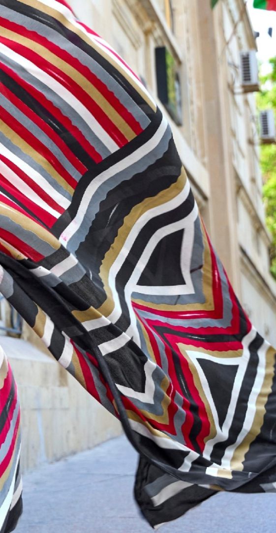 Red Print Satin Crepe Sarees