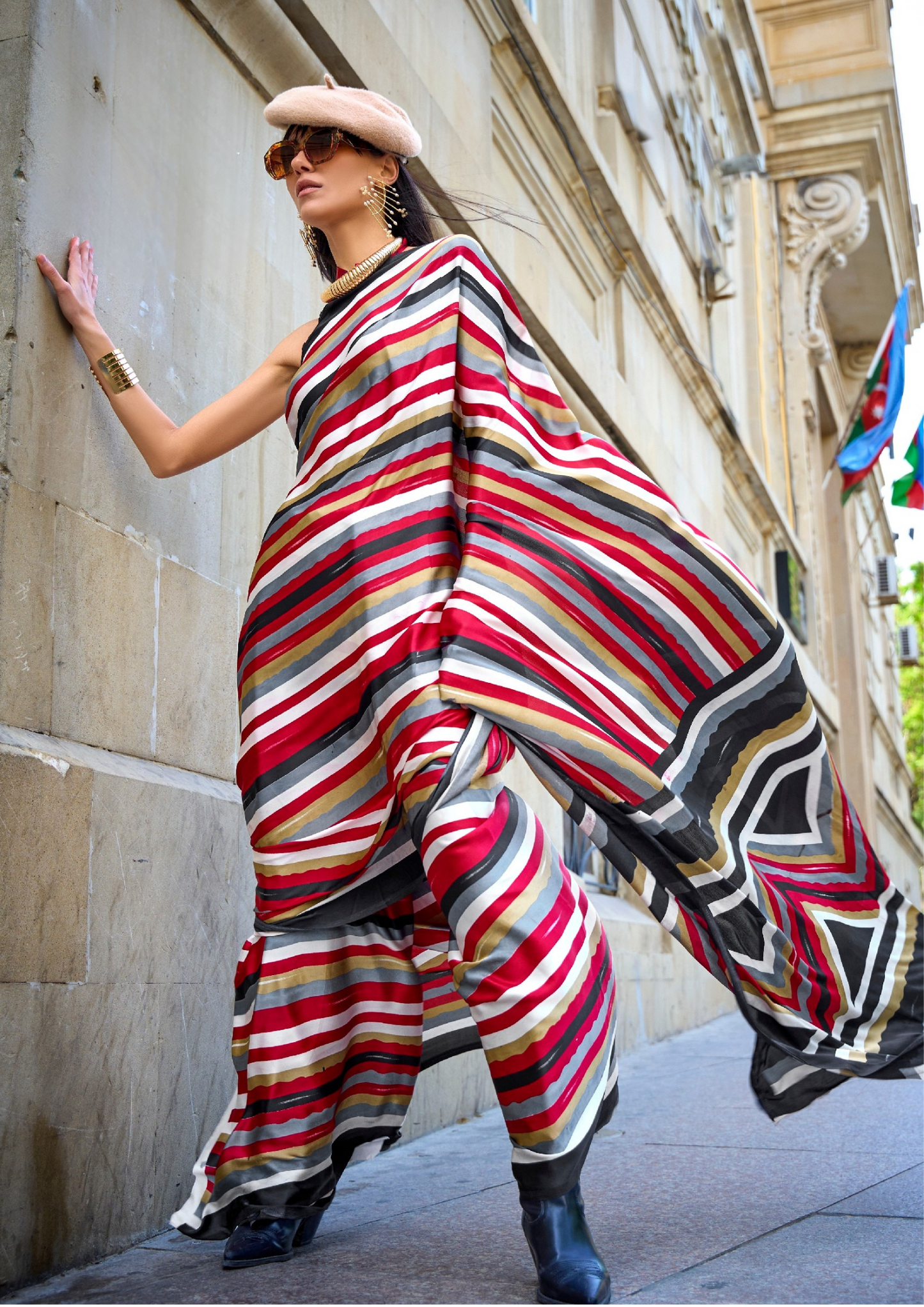 Red Print Satin Crepe Sarees