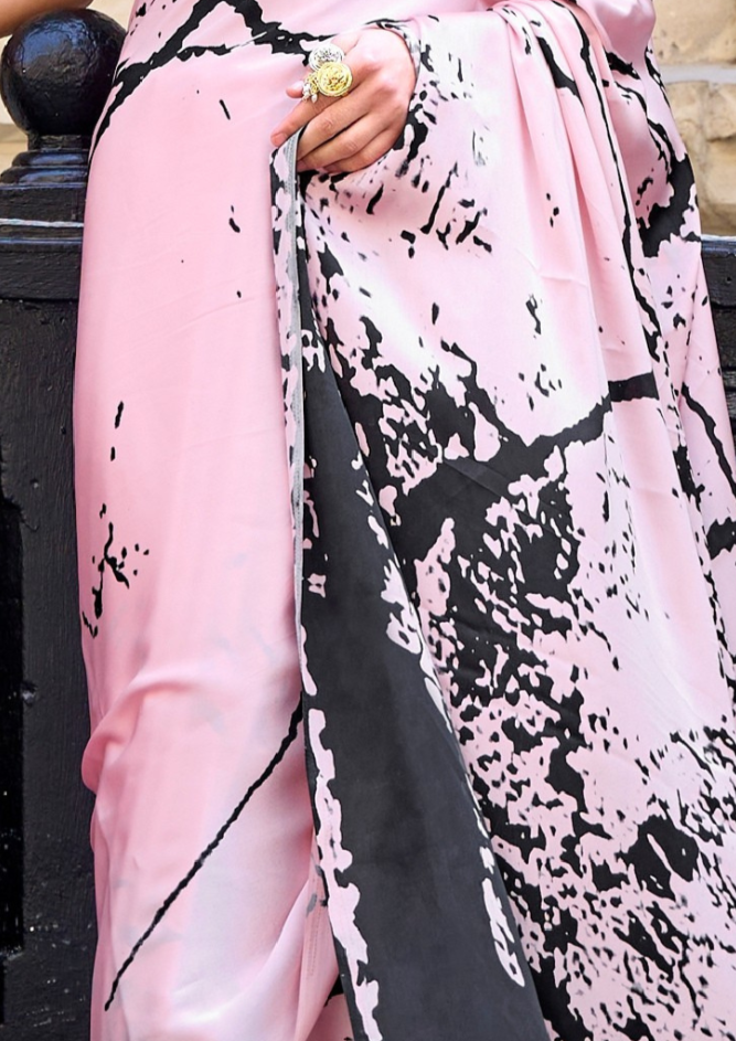 Pink Print Satin Crepe Sarees