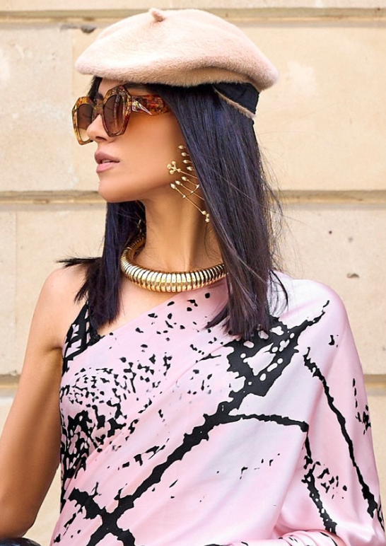 Pink Print Satin Crepe Sarees