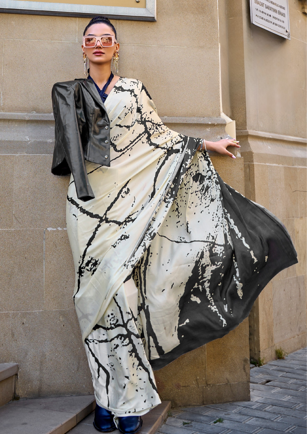 Off White Print Satin Crepe Sarees