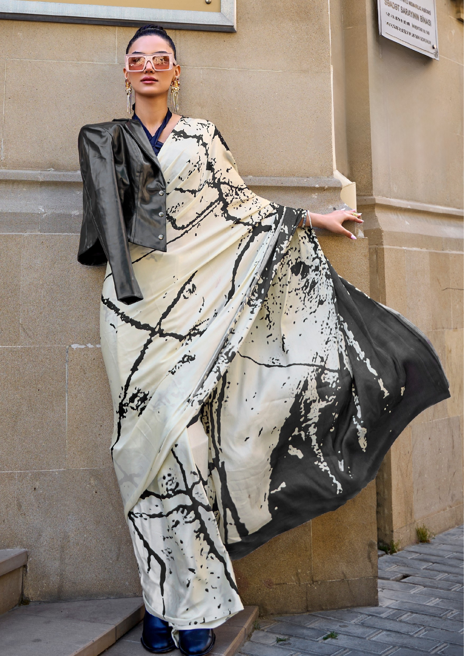 Off White Print Satin Crepe Sarees