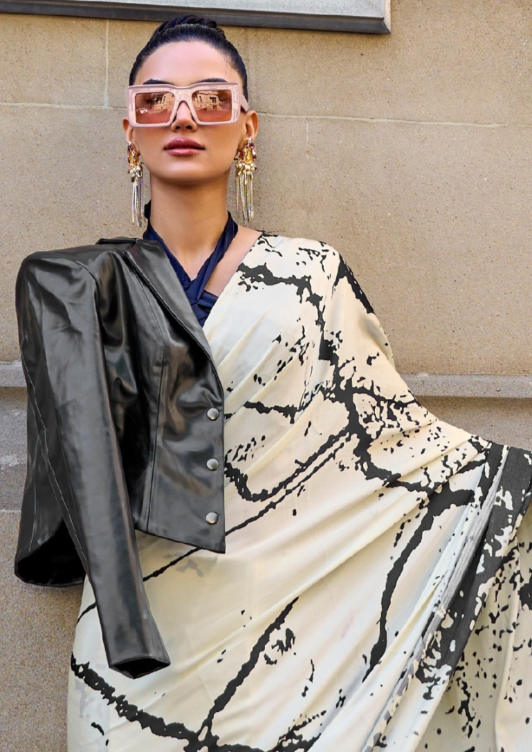 Off White Print Satin Crepe Sarees