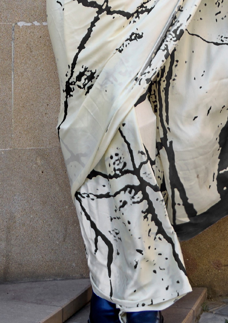Off White Print Satin Crepe Sarees