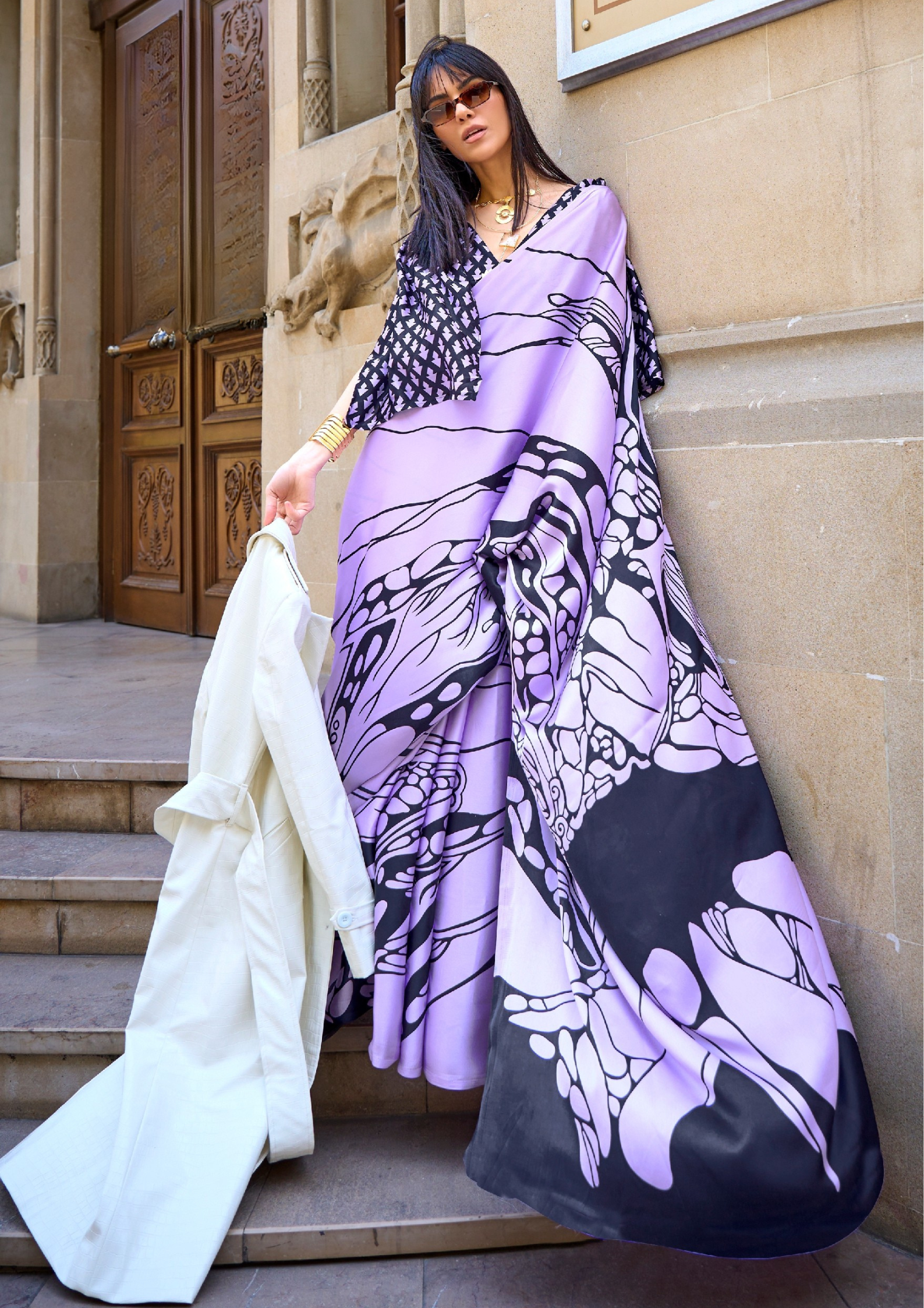 Lilac Print Satin Crepe Sarees