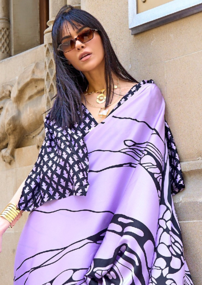 Lilac Print Satin Crepe Sarees