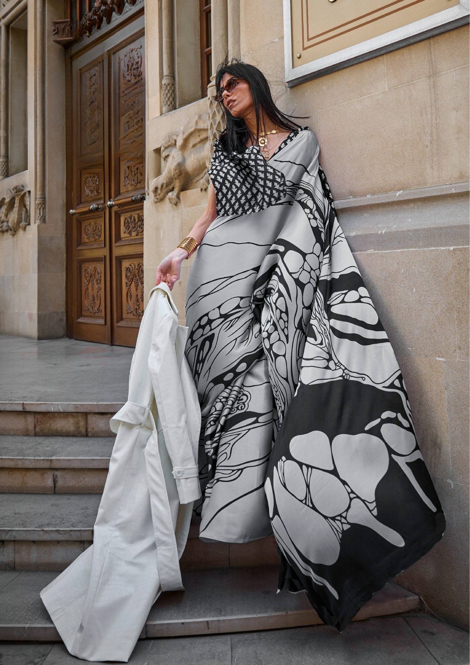 Grey Print Satin Crepe Sarees