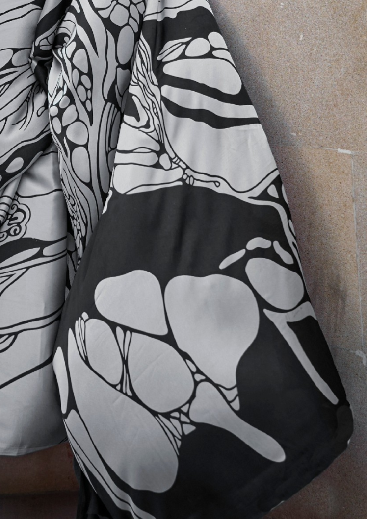 Grey Print Satin Crepe Sarees