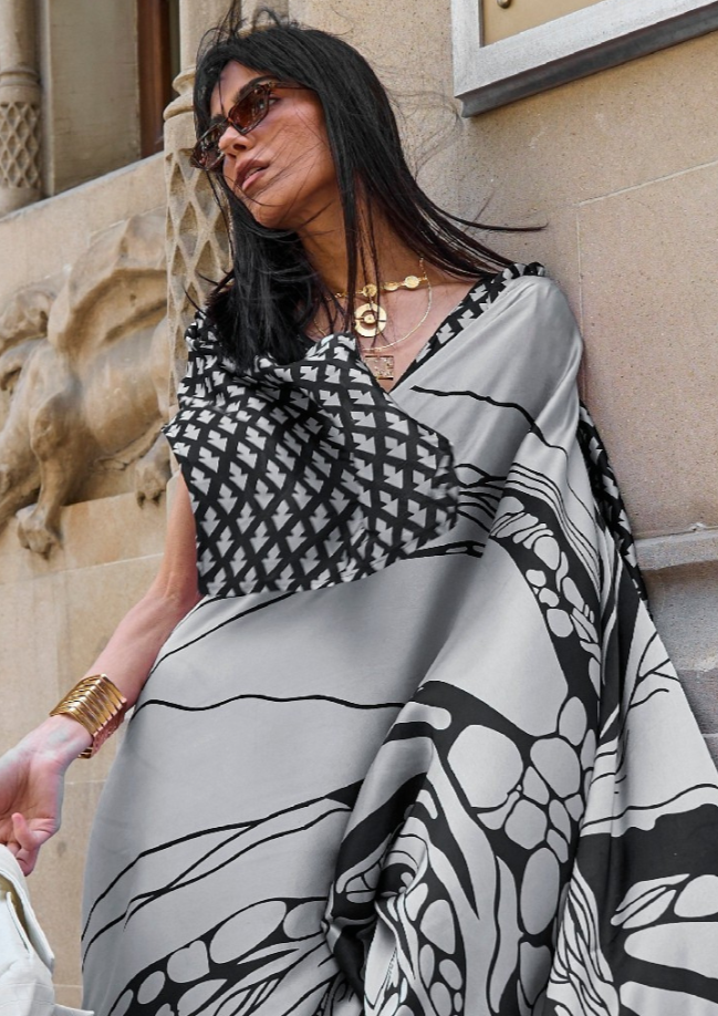 Grey Print Satin Crepe Sarees