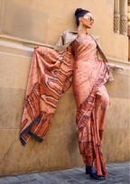 Orange Print Satin Crepe Sarees