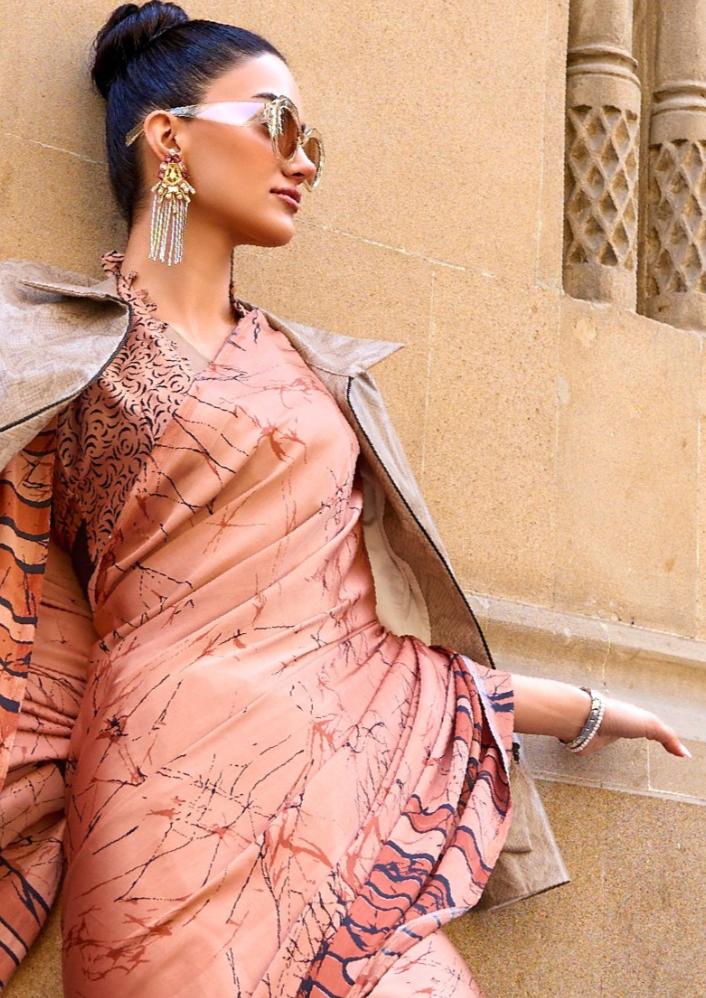 Orange Print Satin Crepe Sarees