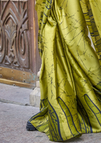 Olive Green Print Satin Crepe Sarees