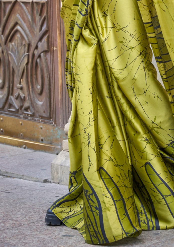 Olive Green Print Satin Crepe Sarees
