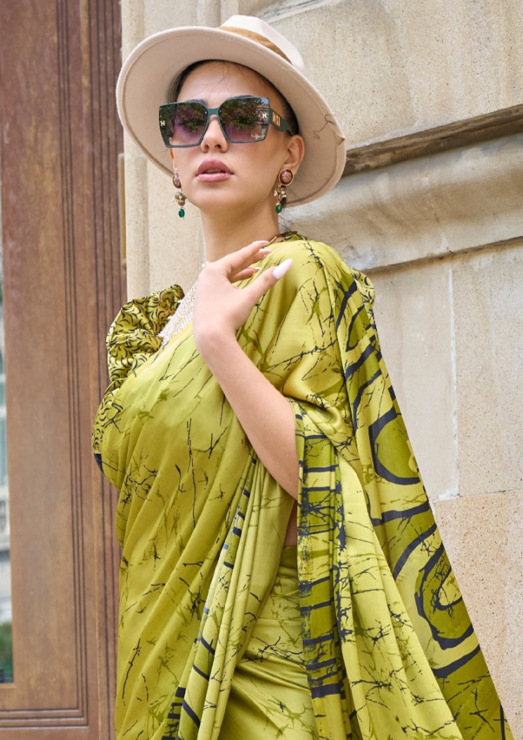 Olive Green Print Satin Crepe Sarees