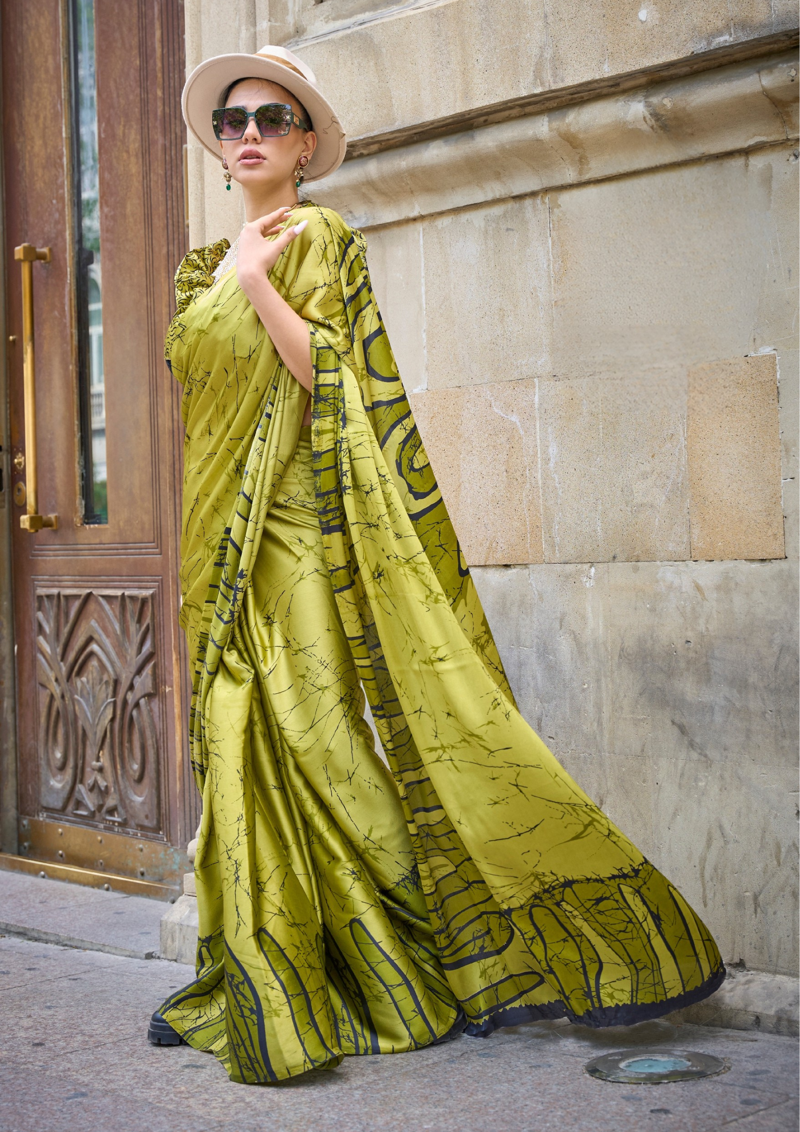 Olive Green Print Satin Crepe Sarees
