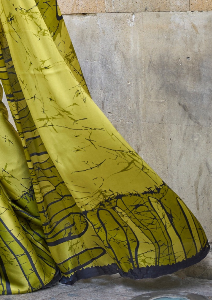Olive Green Print Satin Crepe Sarees