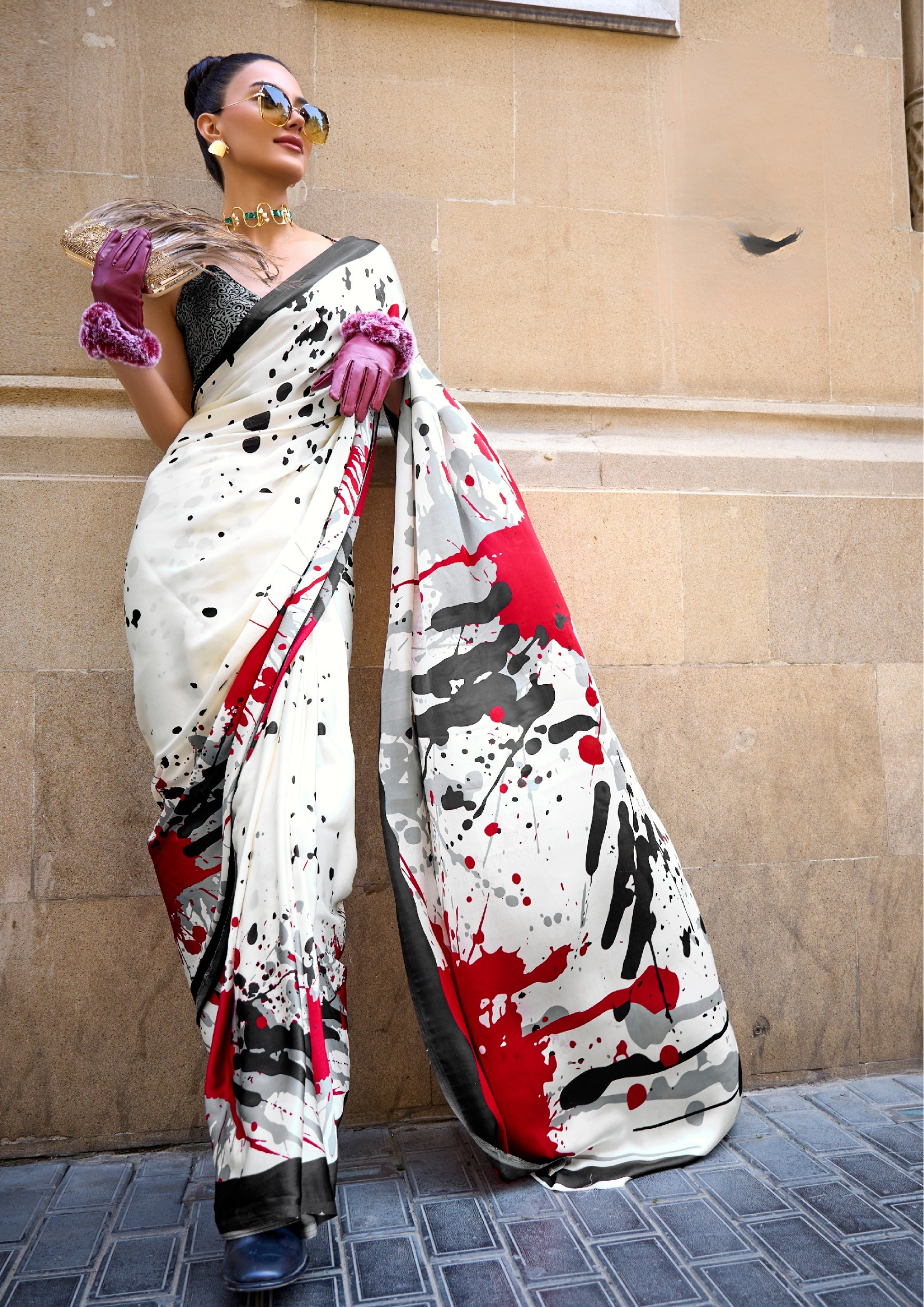 Red and White Print Satin Crepe Sarees