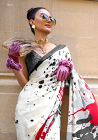 Red and White Print Satin Crepe Sarees