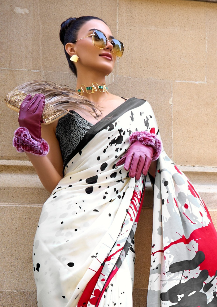 Red and White Print Satin Crepe Sarees