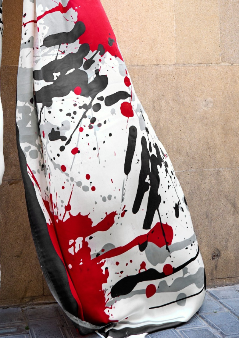 Red and White Print Satin Crepe Sarees