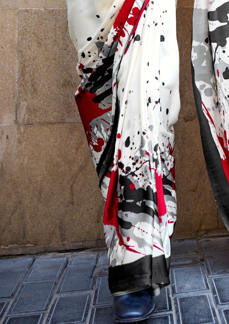 Red and White Print Satin Crepe Sarees
