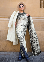 Black and White Print Satin Crepe Sarees